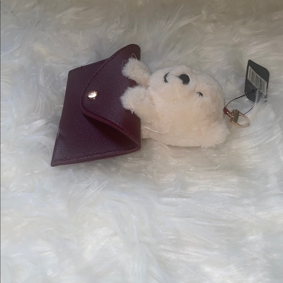 Ivory Plush Bear Keychain with Burgundy Faux Leather Pouch Bag Card Holder Charm - Picture 4 of 6